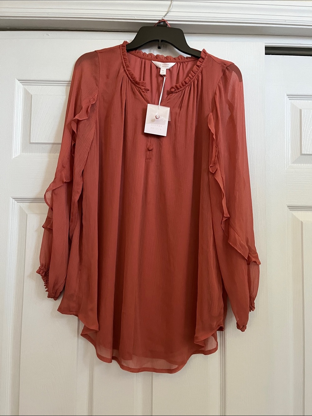 LC Lauren Conrad Rust Ruffled Long-Sleeve Blouse